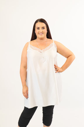 Nia Longline Lace Trim Satin Vest in White