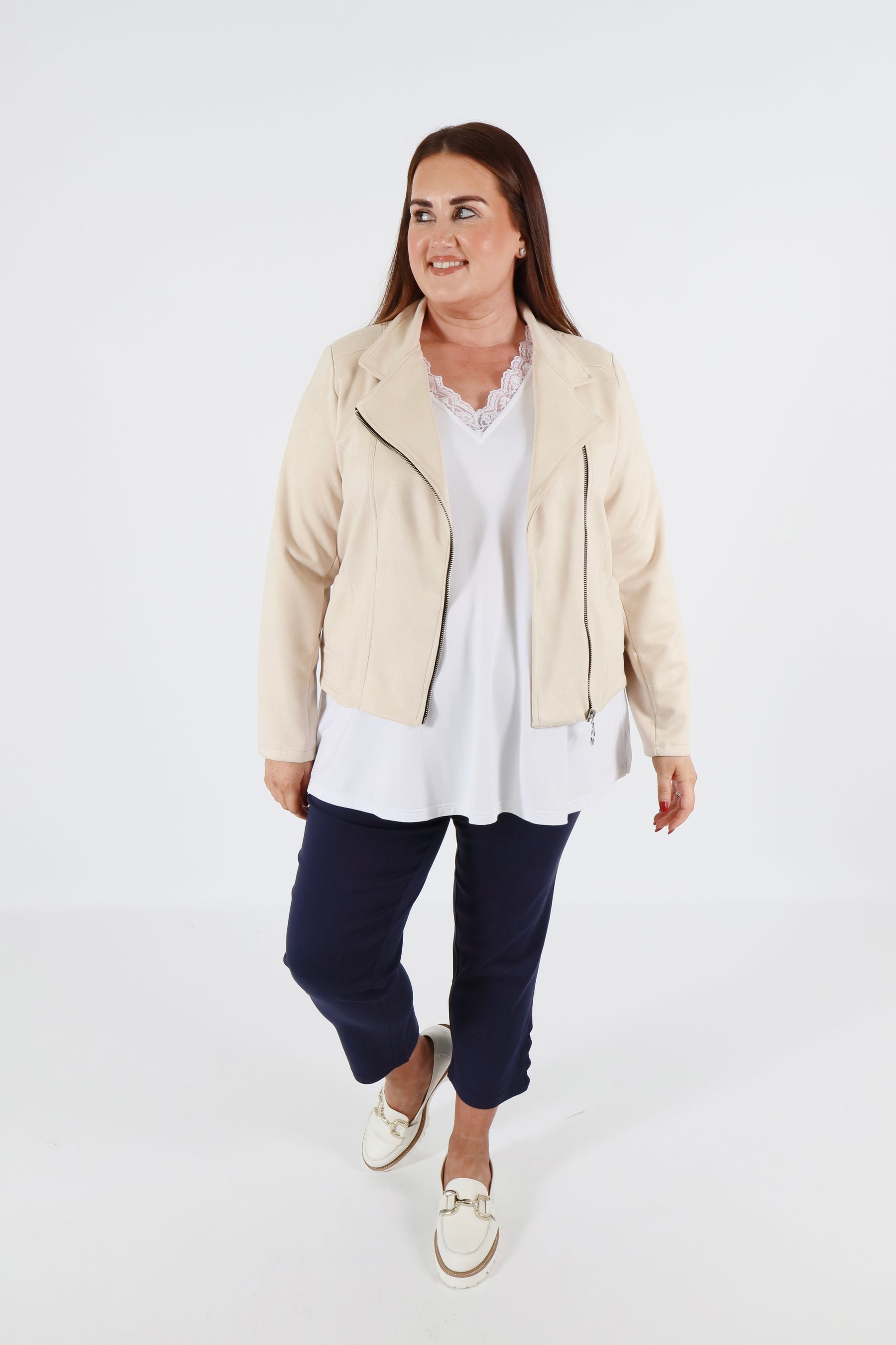 Amber Suede Biker Jacket in Beige