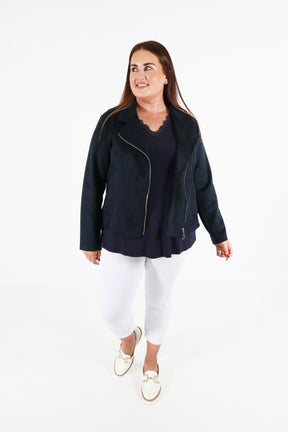 Amber Suede Biker Jacket in Navy