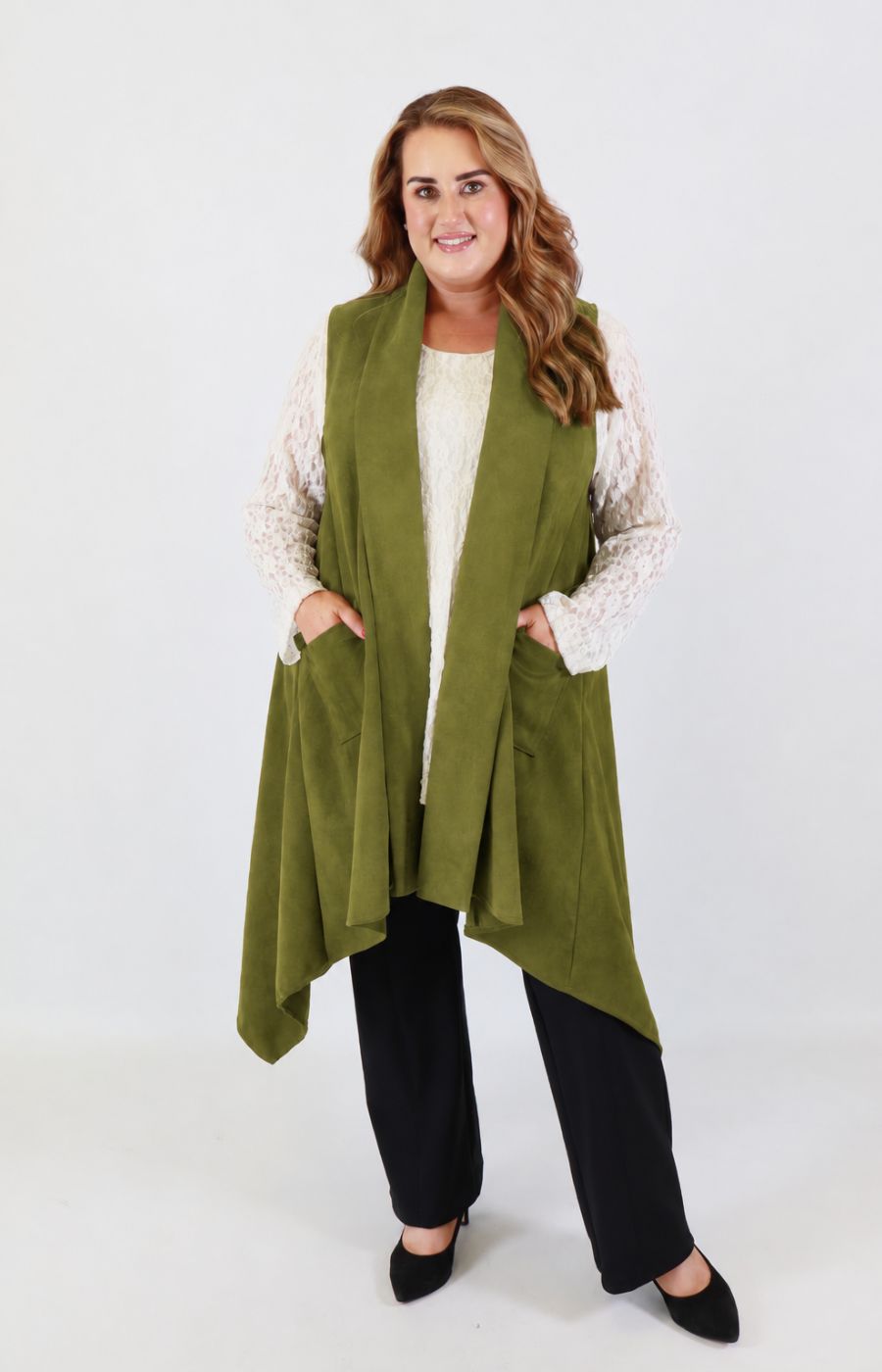 Jennifer Suede Waistcoat in Khaki 