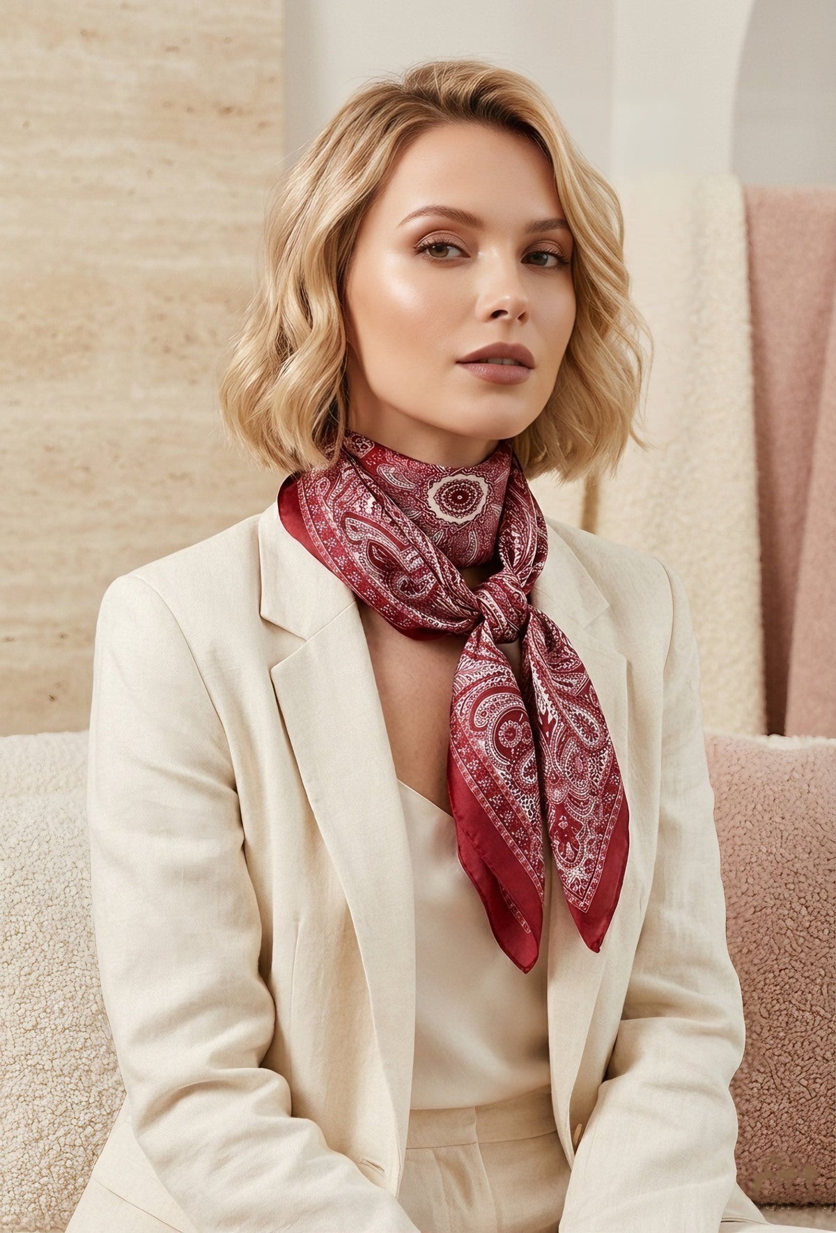 Jill Silk Scarf in Red. This image was created using AI.