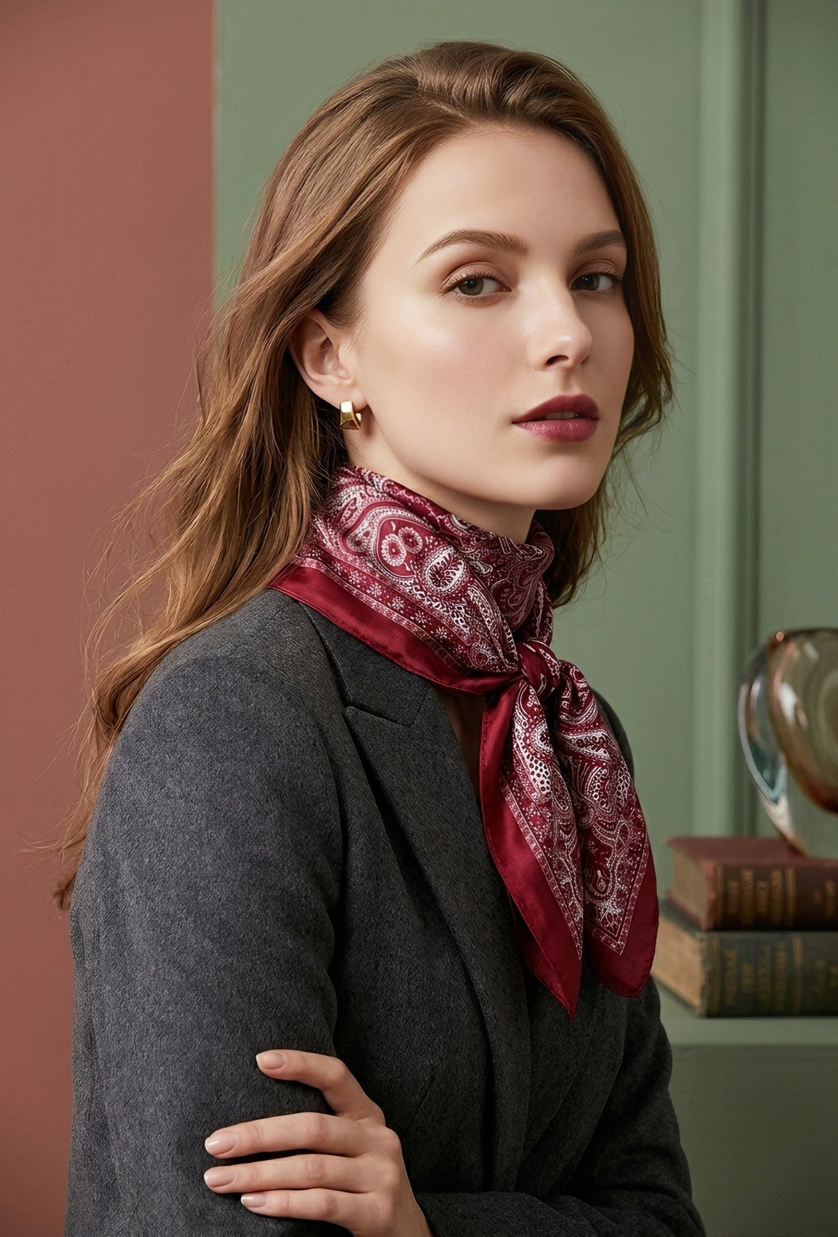 Jill Silk Scarf in Red. This image was created using AI.