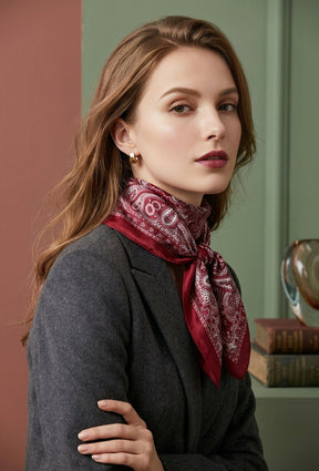 Jill Silk Scarf in Red. This image was created using AI.