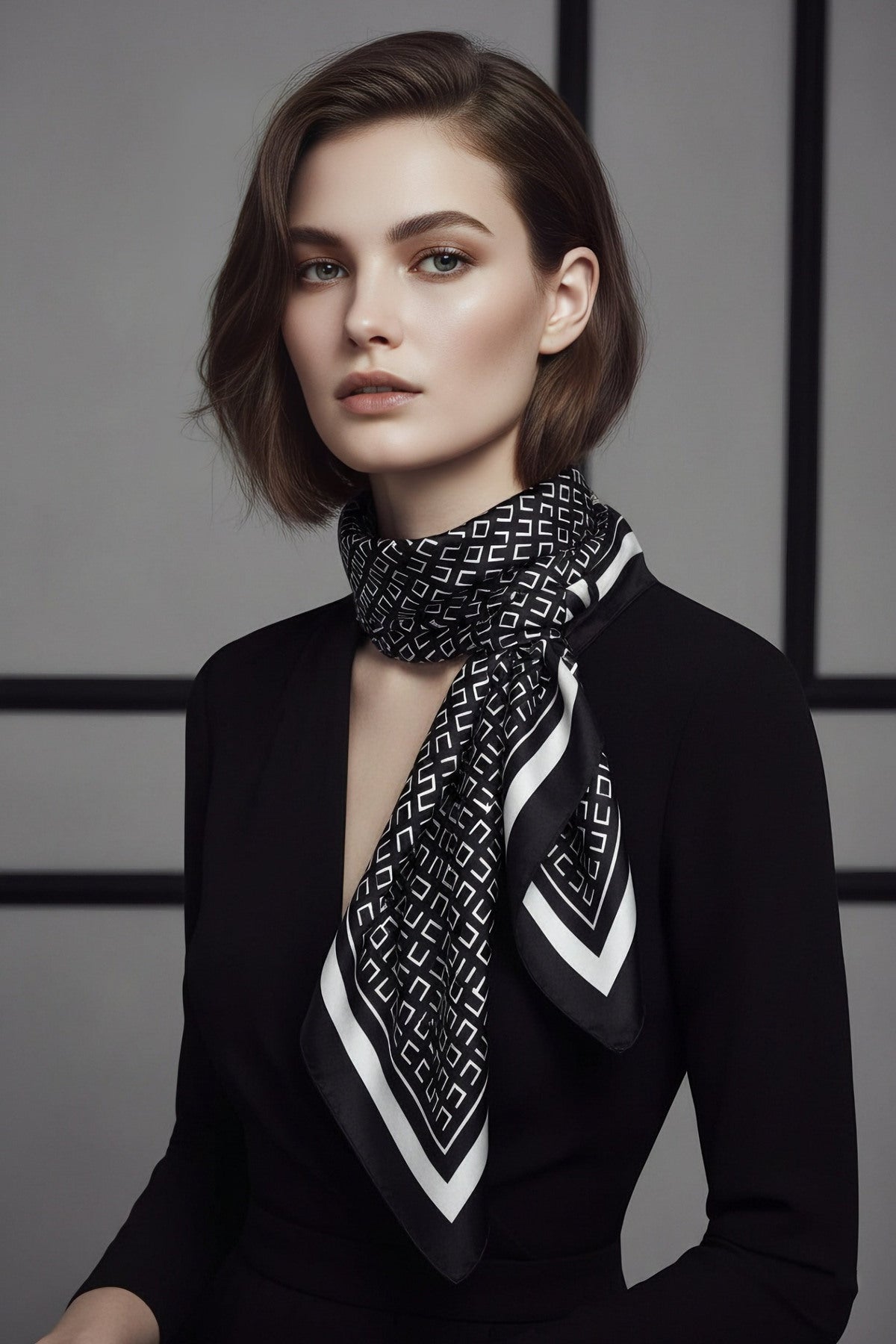 Judy Silk Scarf in Black. This image was created using AI.
