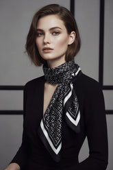 Judy Silk Scarf in Black. This image was created using AI.