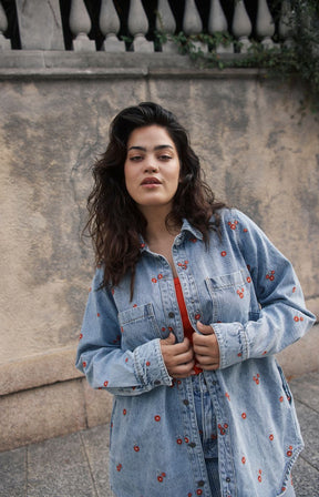 Kaffe Curve Betty Denim Jacket with Red Flowers