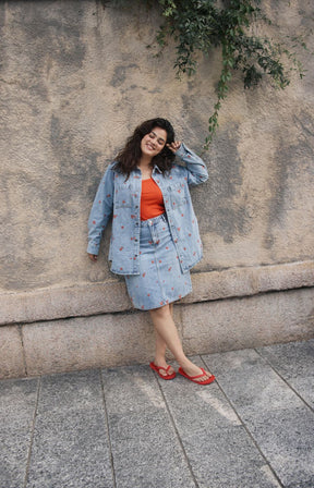 Kaffe Curve Betty Denim Jacket with Red Flowers