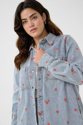 Kaffe Curve Betty Denim Jacket with Red Flowers