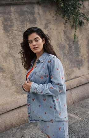 Kaffe Curve Betty Denim Jacket with Red Flowers