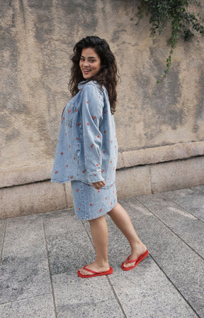 Kaffe Curve Betty Denim Jacket with Red Flowers