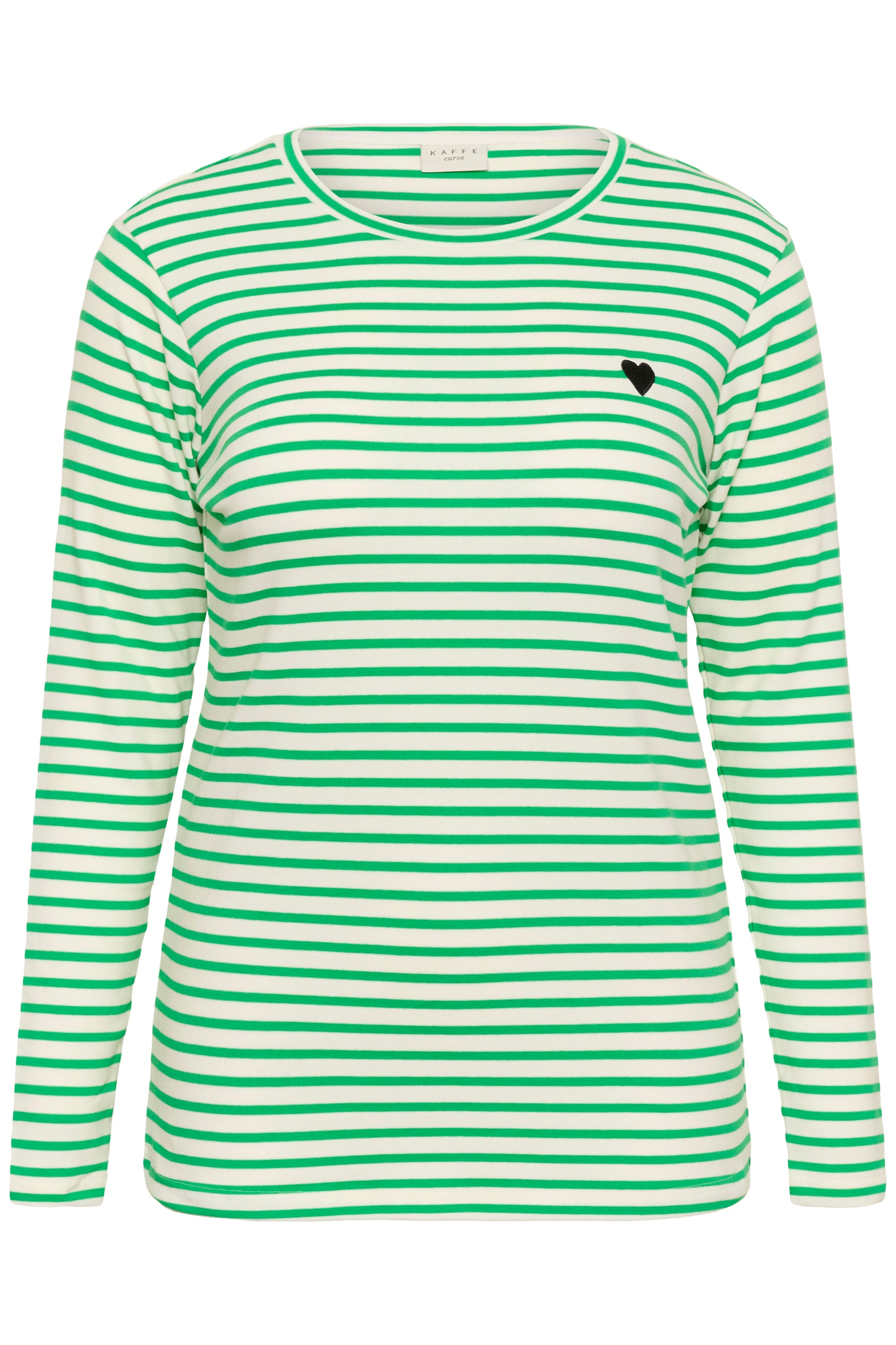 Green and white striped long-sleeve shirt with a black heart on a white  background