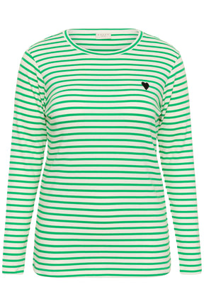 Green and white striped long-sleeve shirt with a black heart on a white  background