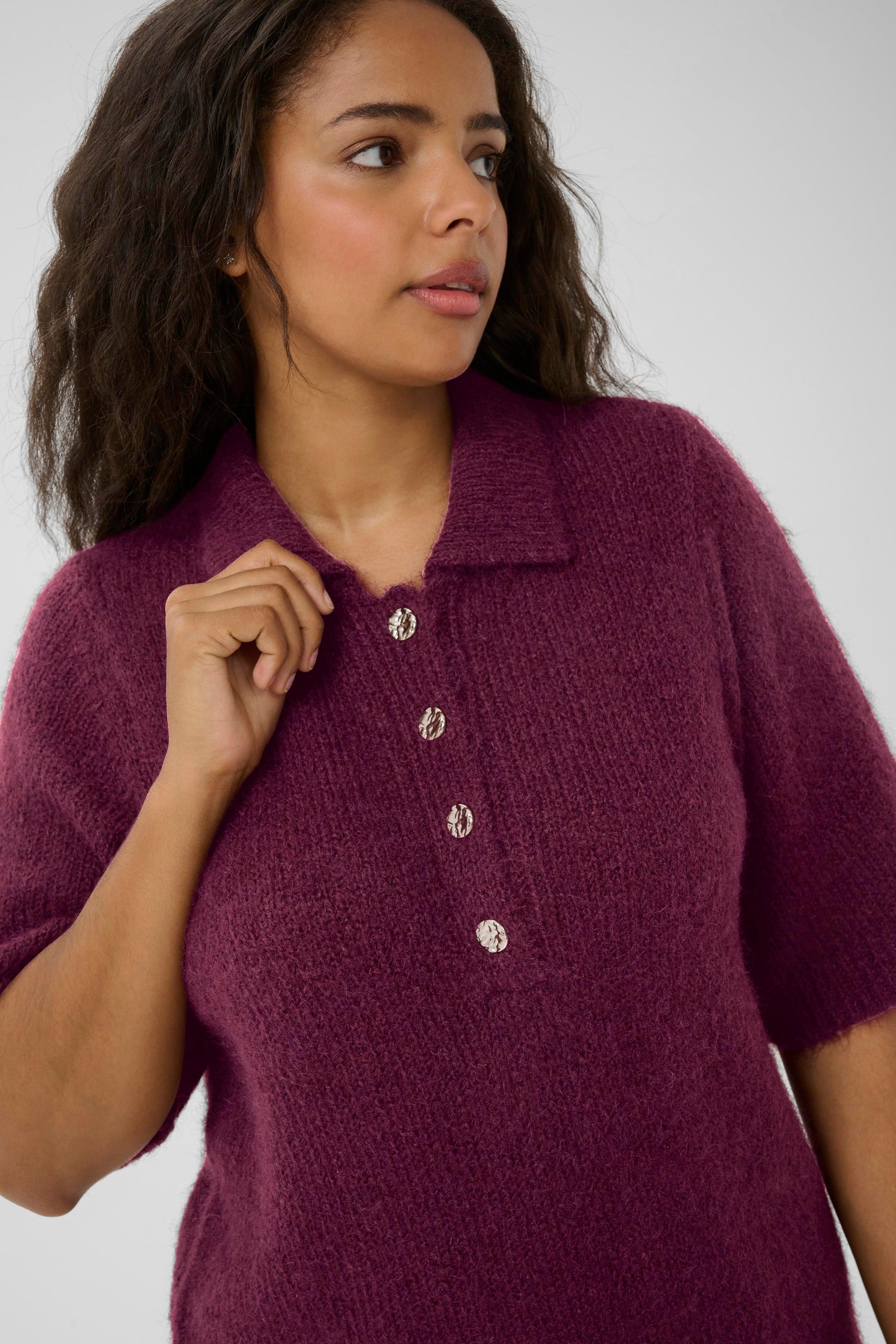 Kaffe Curve Emilia Knit Polo Top in Wine