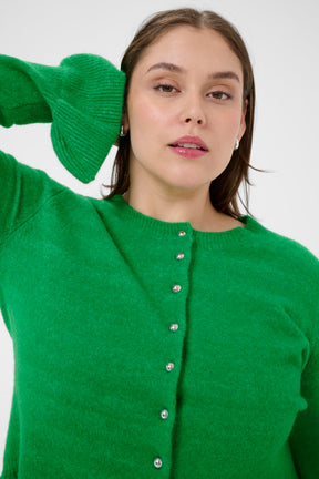 Woman wearing a green cardigan with a round neckline, silver buttons and long sleeves with a ruffle cuff with a plain background