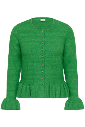 Green cardigan with silver button closure, round neckline, long sleeves with ruffle detailing on the hem and cuffs on a white background