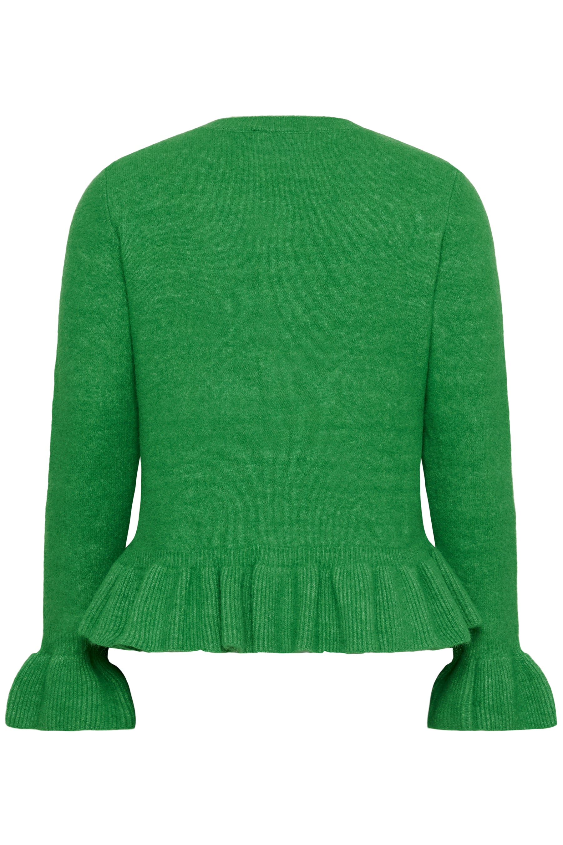 Green cardigan with ruffled hem, long sleeves with ruffle cuffs on a white background