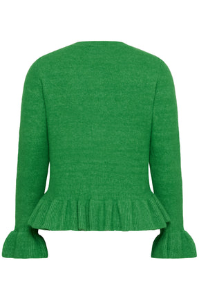 Green cardigan with ruffled hem, long sleeves with ruffle cuffs on a white background