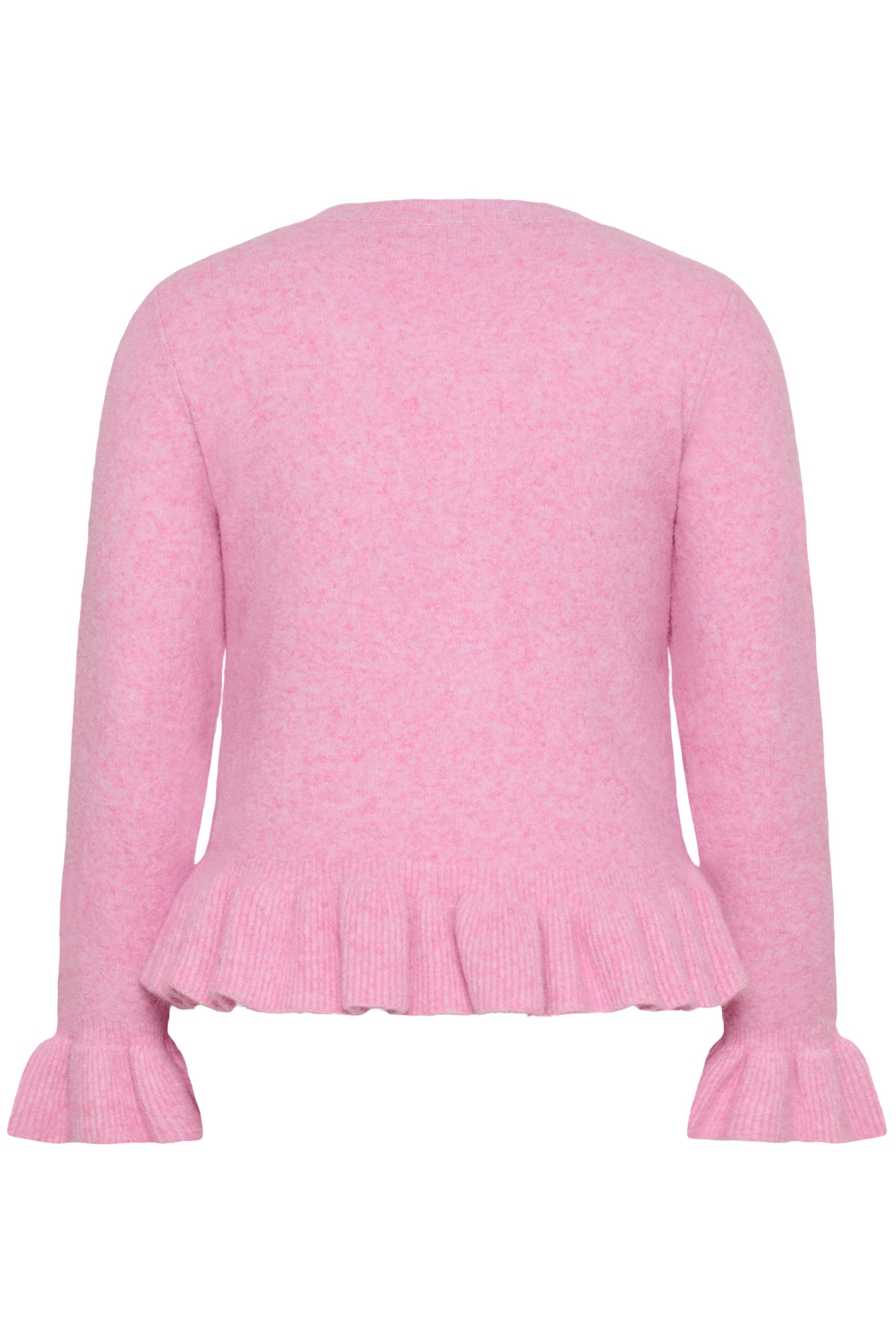 Pink cardigan with ruffled sleeves and hem on a white background