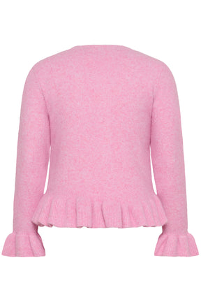 Pink cardigan with ruffled sleeves and hem on a white background