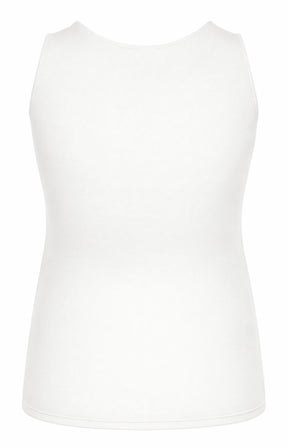 White sleeveless top with a round neckline on a white background