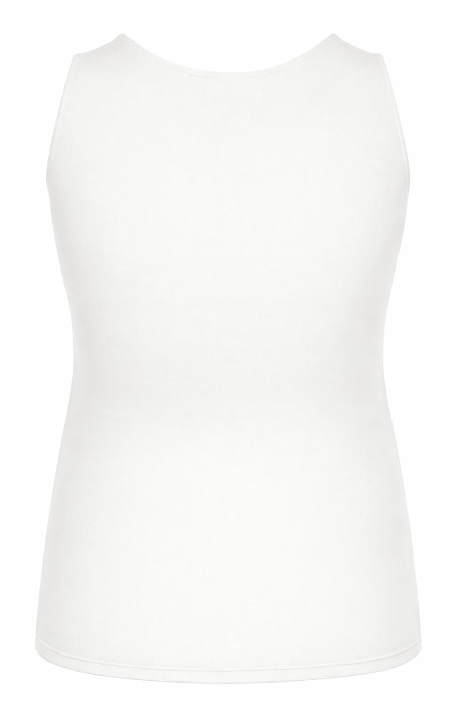 White sleeveless top with a round neckline on a white background