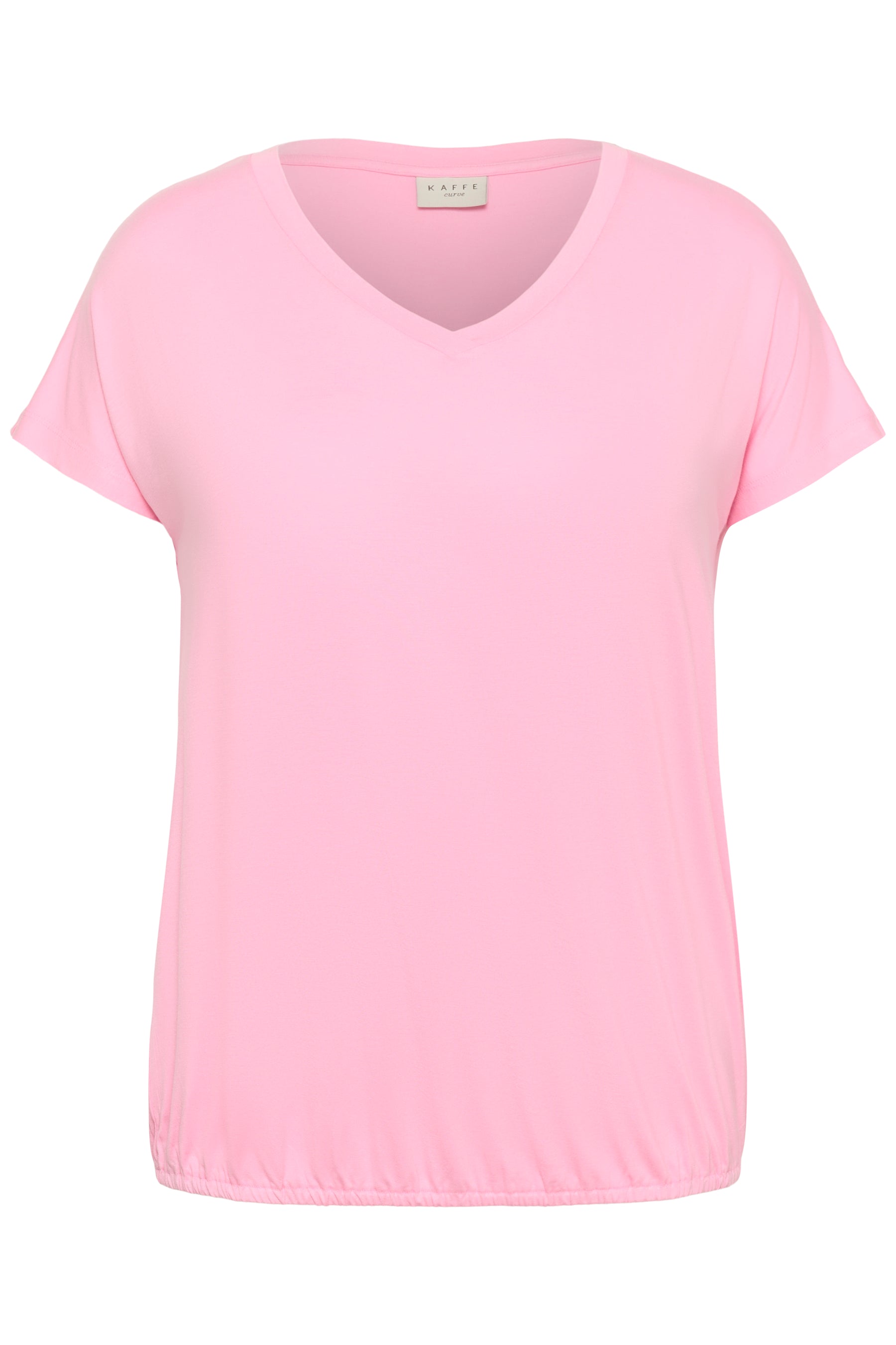 Pink t-shirt with a V neckline , short sleeves and an elasticated hem on a white background