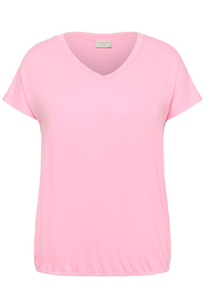 Pink t-shirt with a V neckline , short sleeves and an elasticated hem on a white background