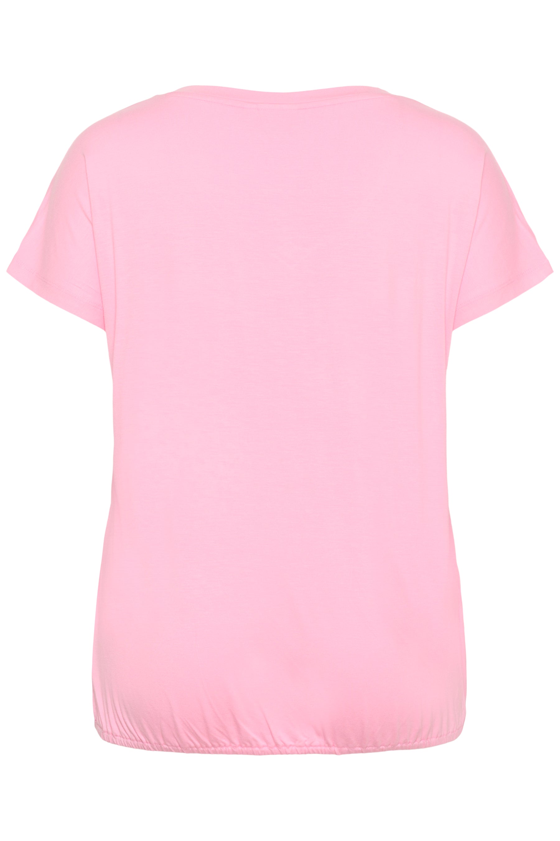 Pink t-shirt with short sleeves and an elasticated hem on a white background