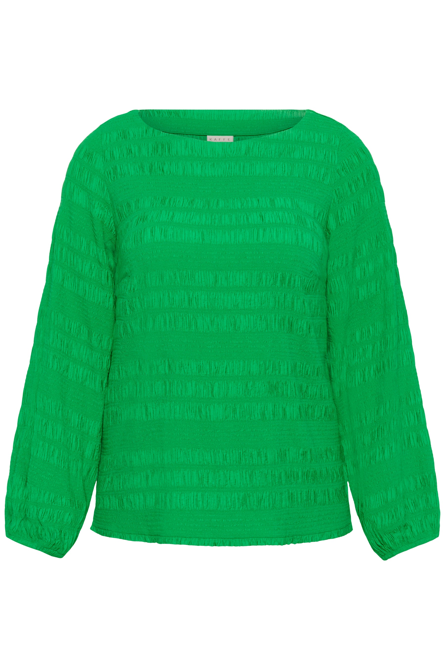 Kaffe Curve Jourtney Blouse in Green , front view, a textured blouse with a boat neckline, long cuffed sleeves 