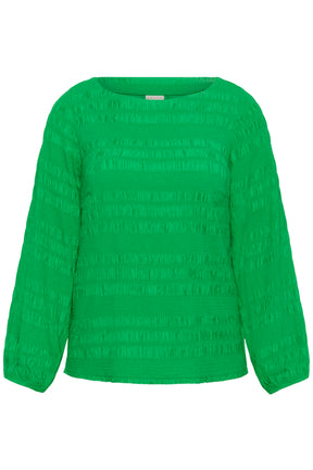 Kaffe Curve Jourtney Blouse in Green , front view, a textured blouse with a boat neckline, long cuffed sleeves 