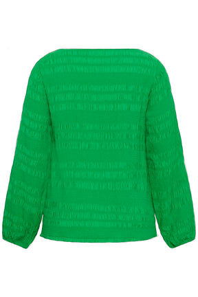 Kaffe Curve Jourtney Blouse in Green , back view, a textured blouse with a boat neckline, long cuffed sleeves 