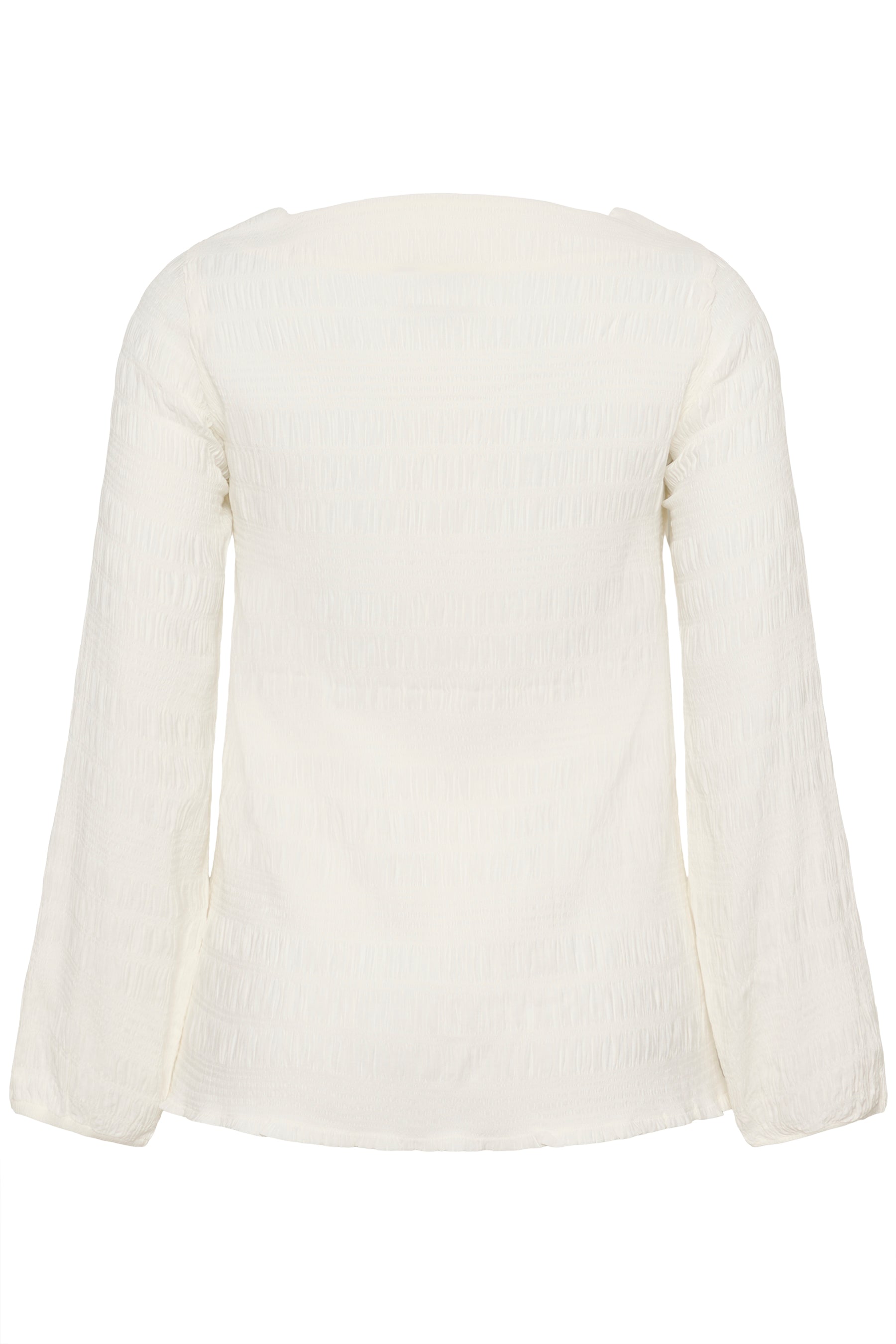Kaffe Curve Jourtney Blouse in White, back view, a textured, long sleeve blouse with a boat neckline 