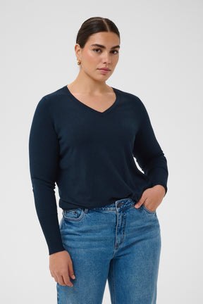 Kaffe Curve Lizzy Jumper in Navy, with a V neckline and long sleeves