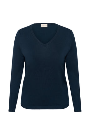 Kaffe Curve Lizzy Jumper in Navy with a V neckline, Long sleeves 
