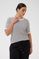 Kaffe Curve Lizzy T-Shirt with Blue, a white knitted top with a navy stripe and blue round neckline and short sleeves