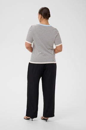 Person wearing a white and navy striped top with a blue neckline and short sleeves and black pants on a white background