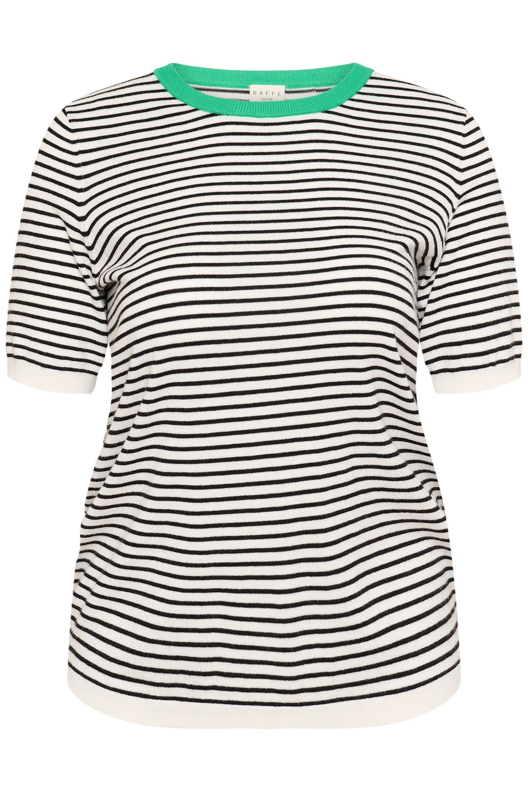 Kaffe Curve Lizzy T-Shirt with Green, a white knitted top with an all over black stripe and green round neckline and short sleeves