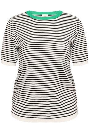 Kaffe Curve Lizzy T-Shirt with Green, a white knitted top with an all over black stripe and green round neckline and short sleeves