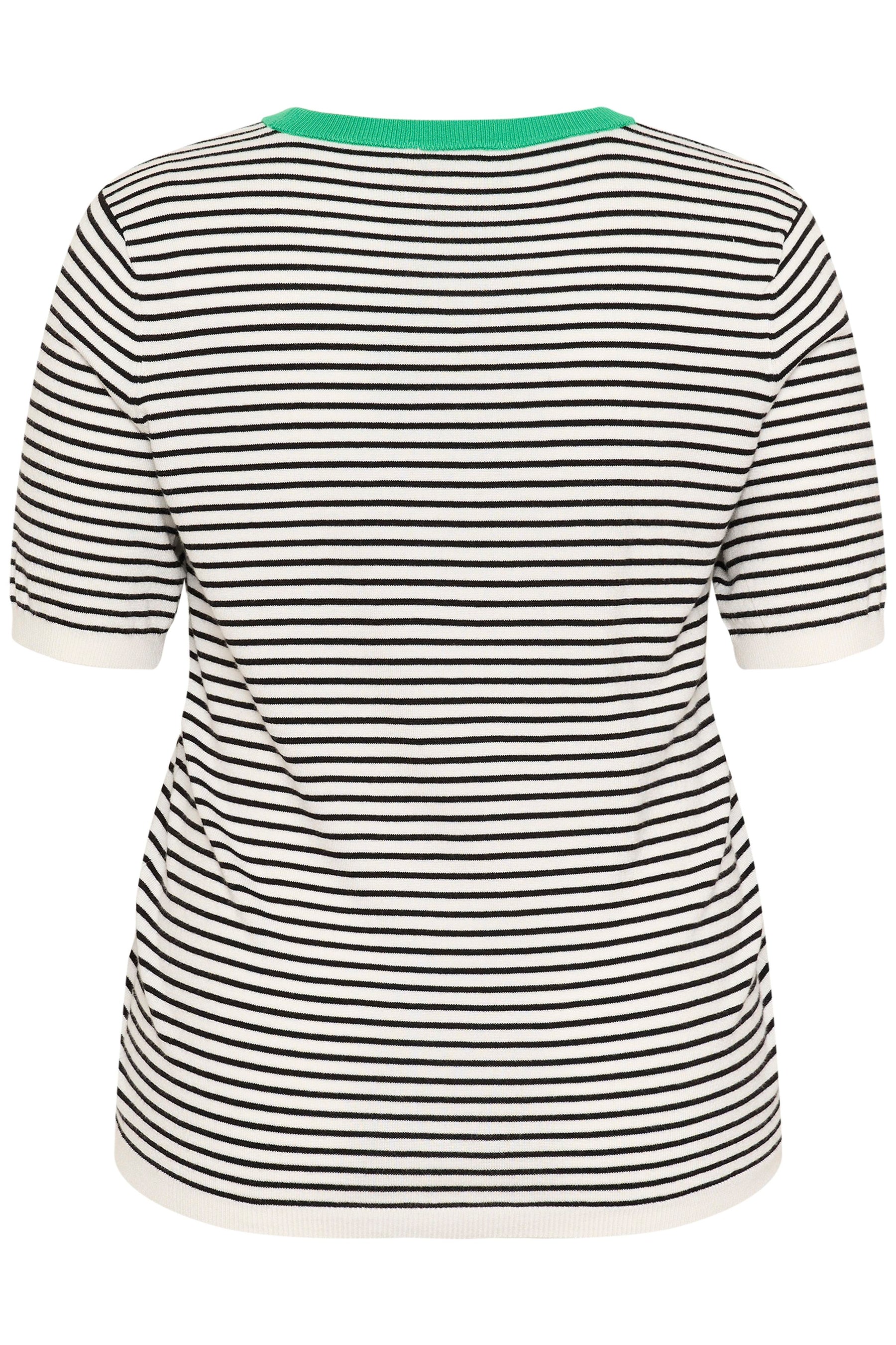 Kaffe Curve Lizzy T-Shirt with Green, a white knitted top with an all over black stripe and green round neckline and short sleeves
