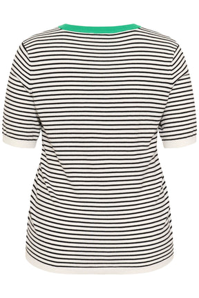 Kaffe Curve Lizzy T-Shirt with Green, a white knitted top with an all over black stripe and green round neckline and short sleeves