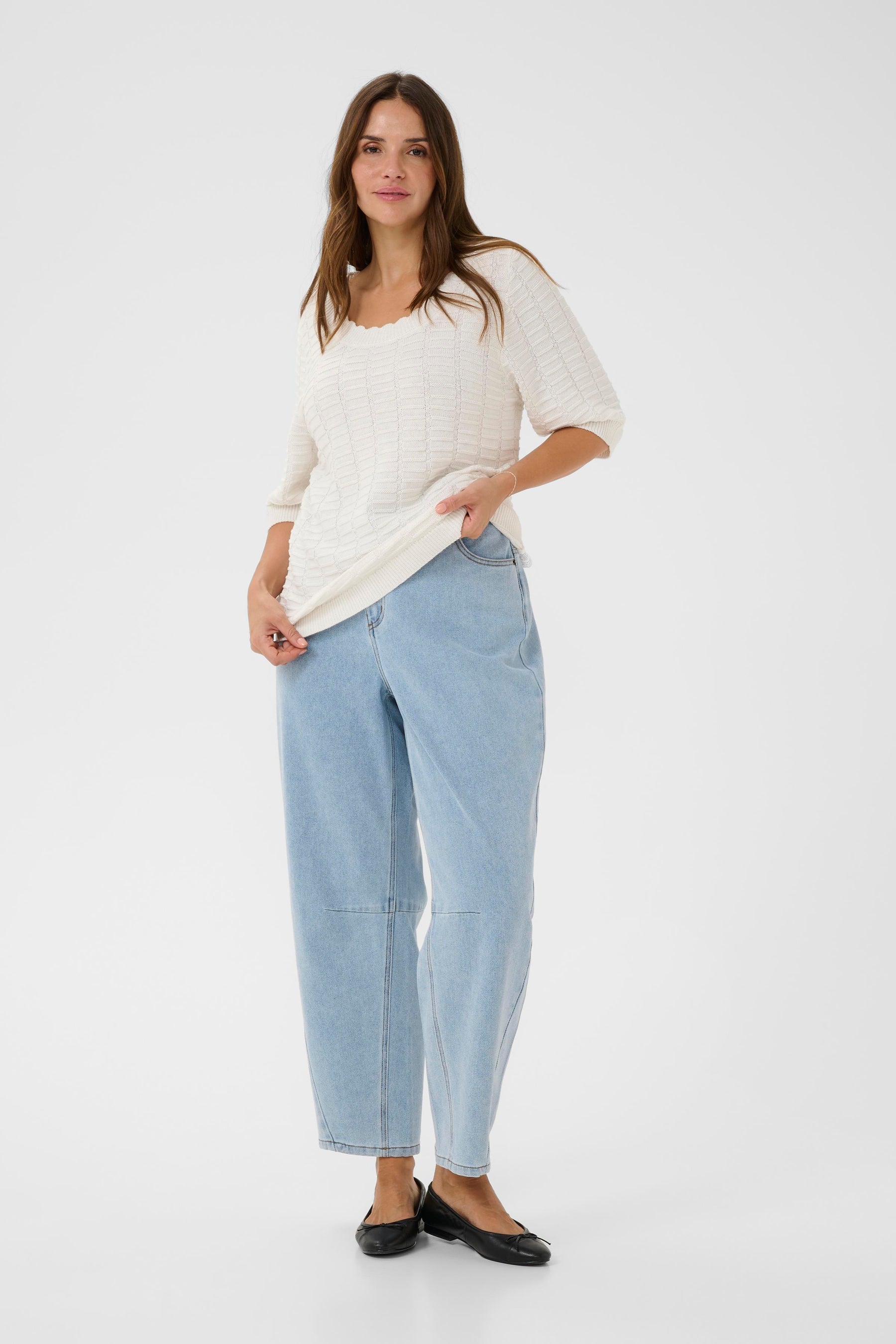 Kaffe Curve Lotia Jumper in White, A textured knit top with 1/2 sleeves and a round scalloped neckline