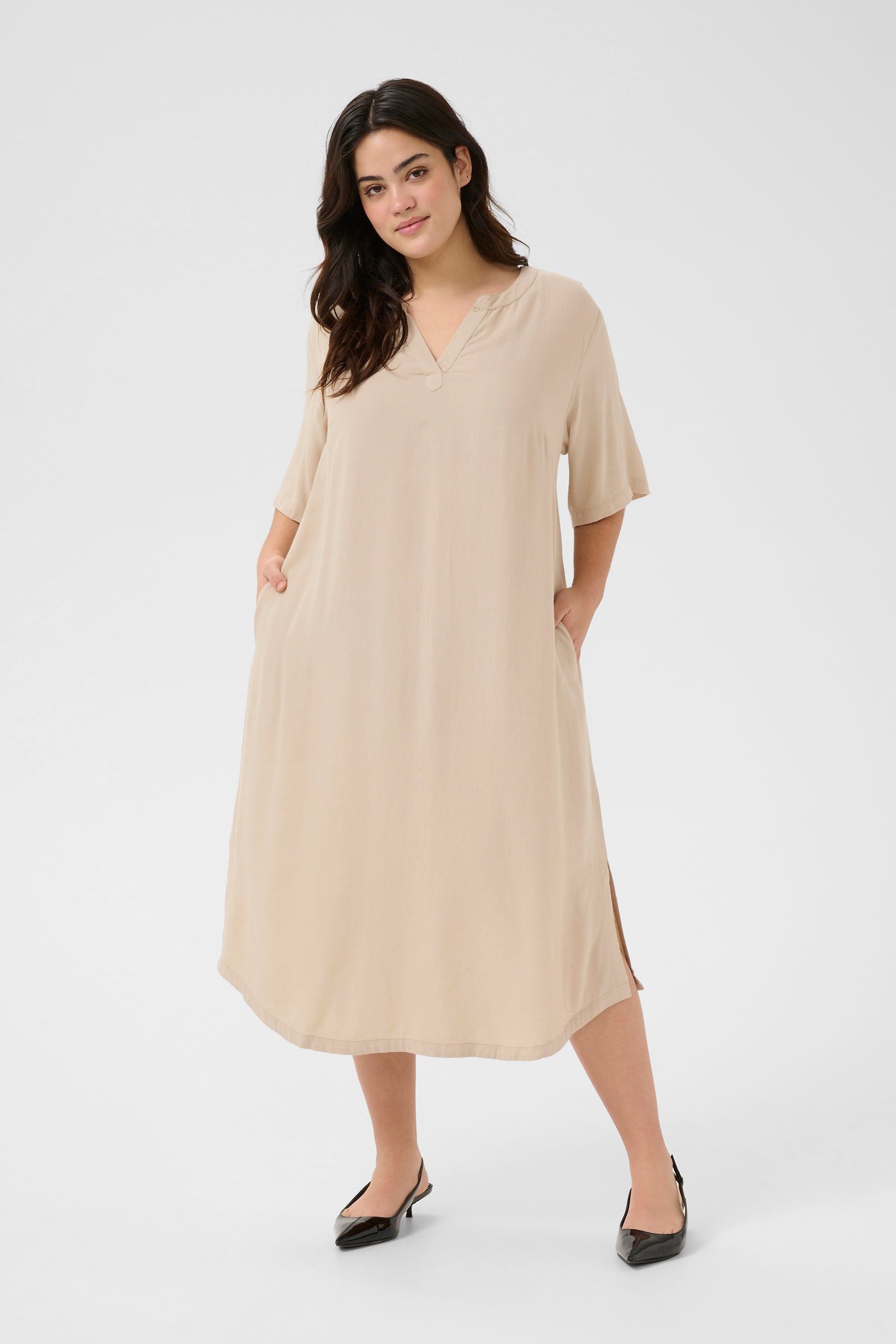 Kaffe Curve Millie Kaftan Dress Beige 