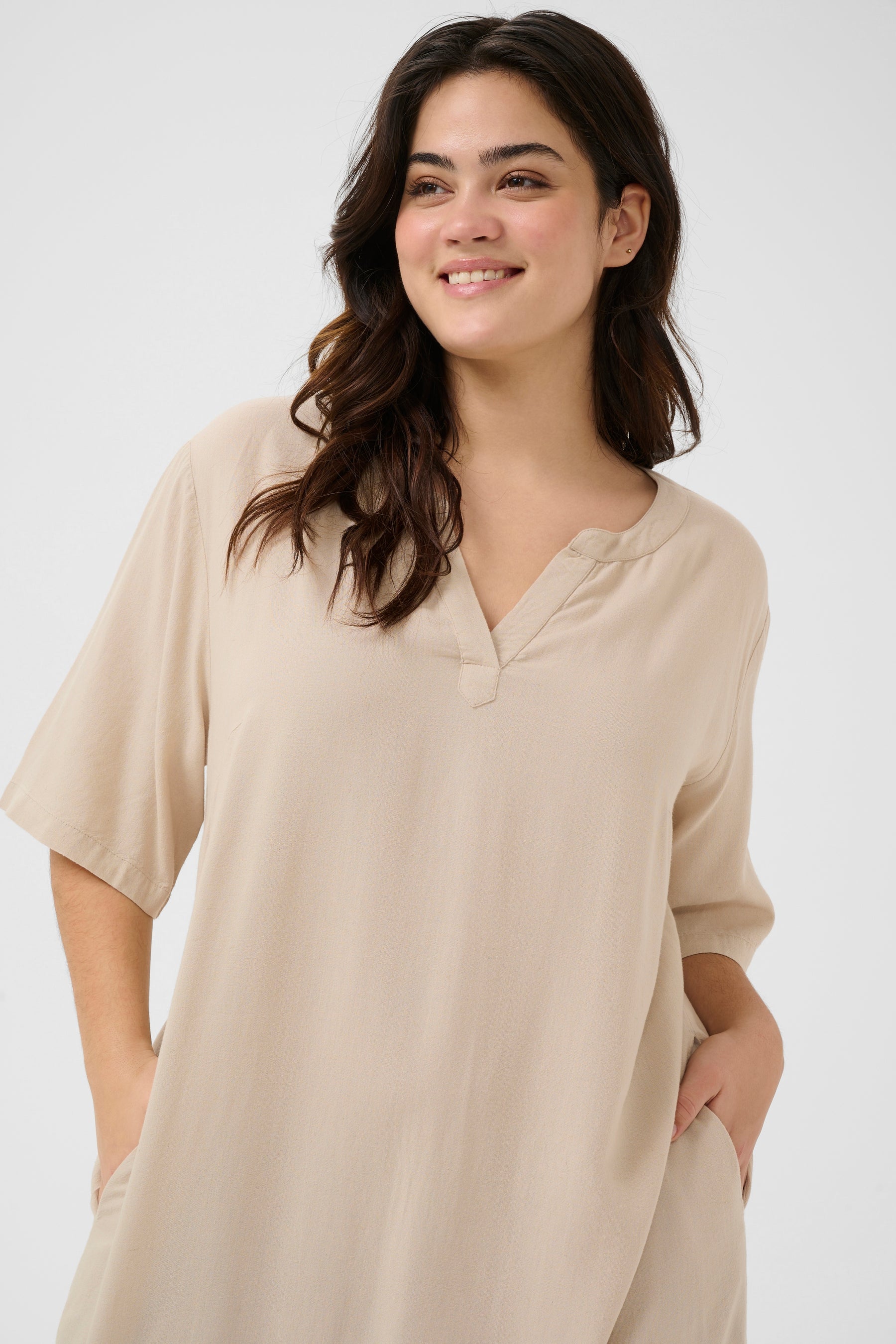 Kaffe Curve Millie Kaftan Dress Beige 