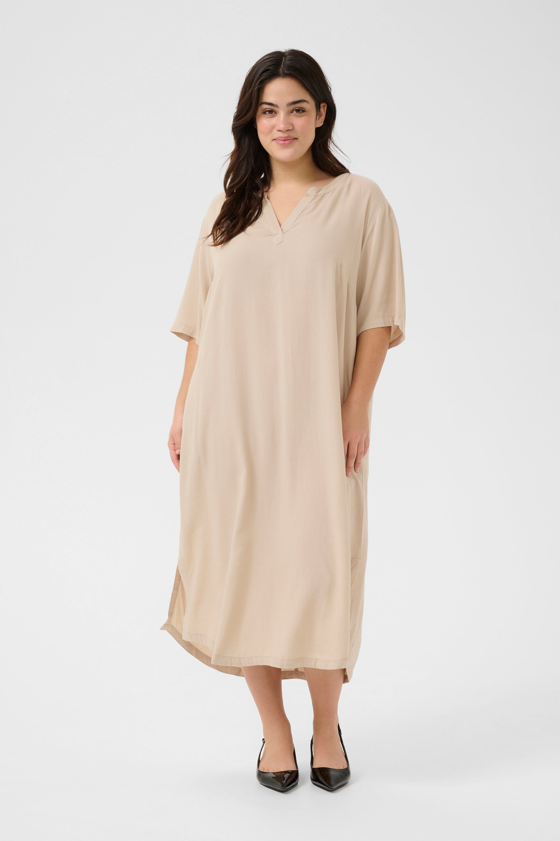 Kaffe Curve Millie Kaftan Dress Beige 