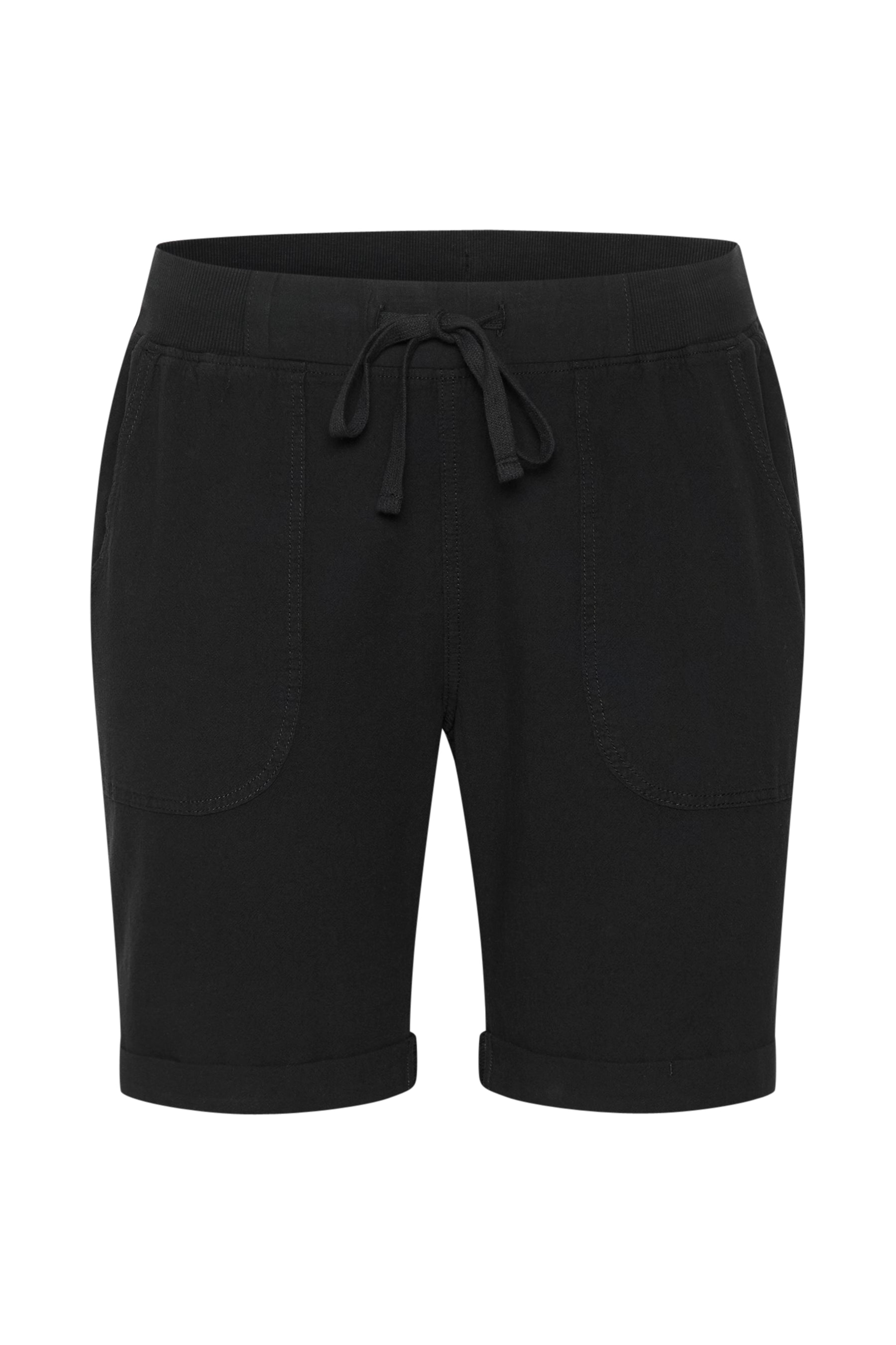 Black shorts, elasticated waistband with a drawstring, side pockets and turn ups at the end
