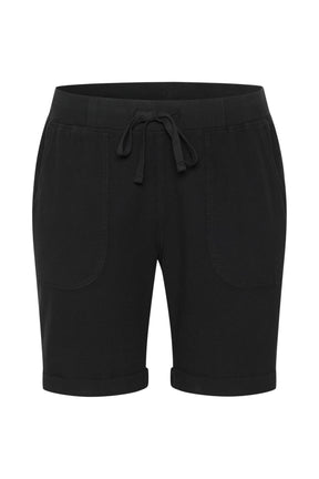 Black shorts, elasticated waistband with a drawstring, side pockets and turn ups at the end