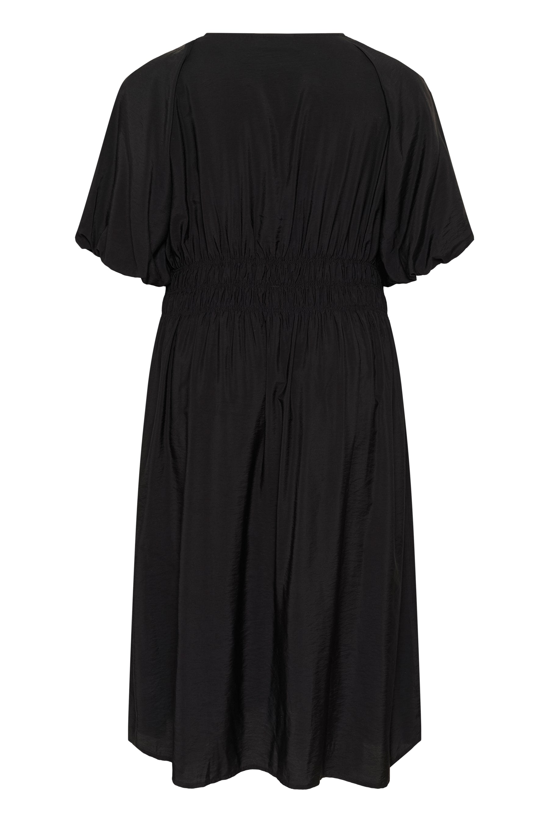 Kaffe Curve Neela Dress in Black, a midi dress with an elasticated waist and 1/2 sleeves 