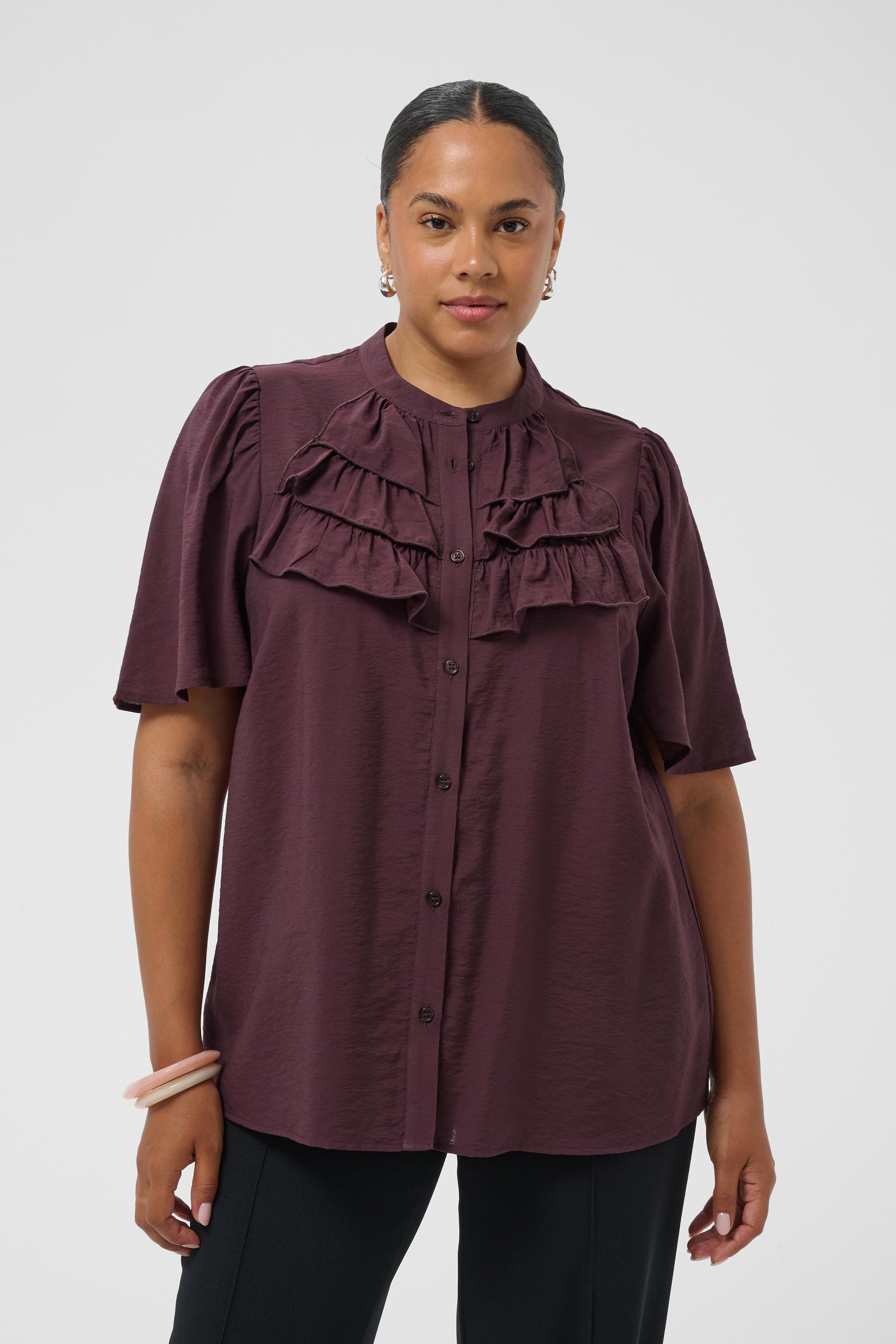 Kaffe Curve Nicola Ruffle Shirt in Fudge 