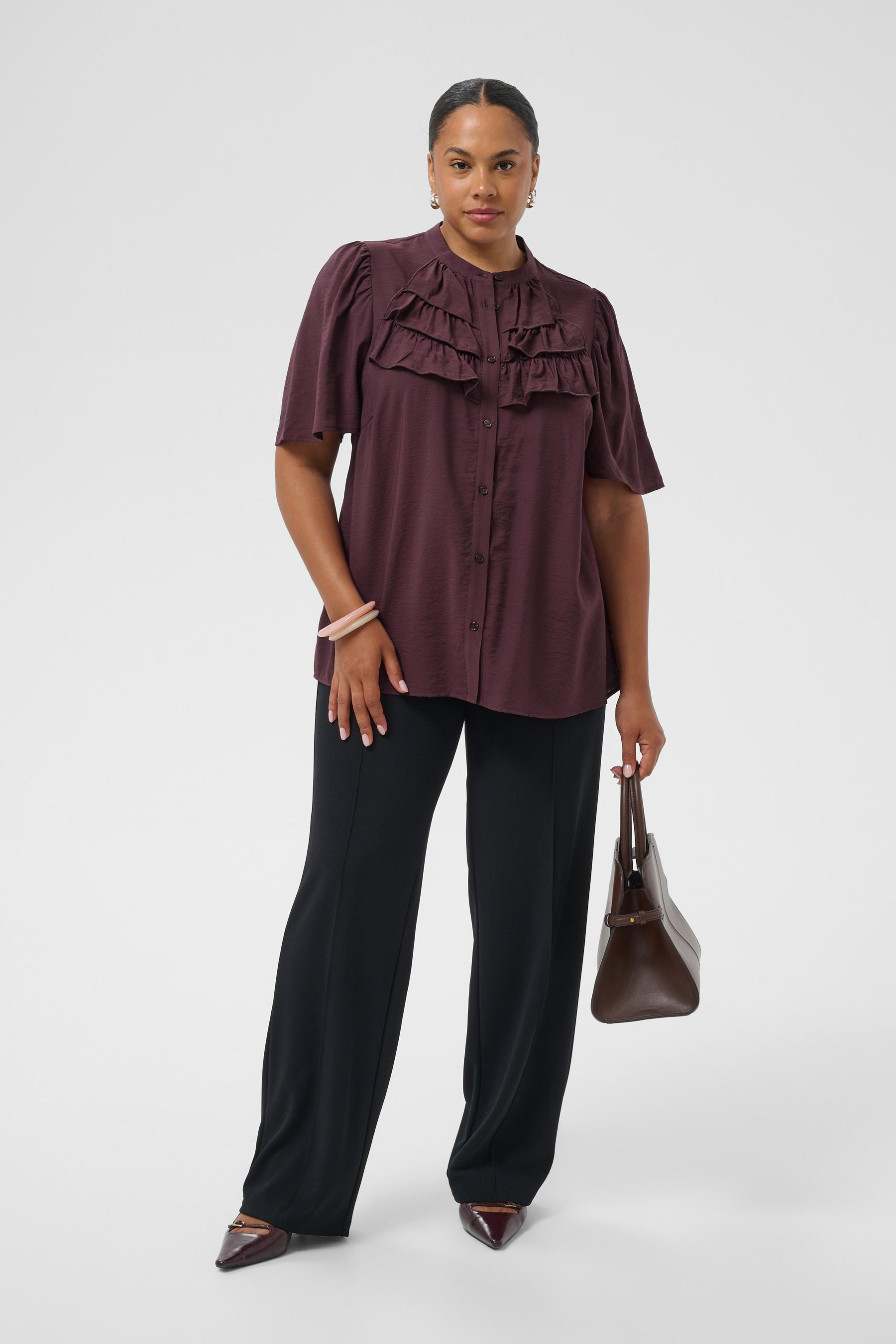 Kaffe Curve Nicola Ruffle Shirt in Fudge 