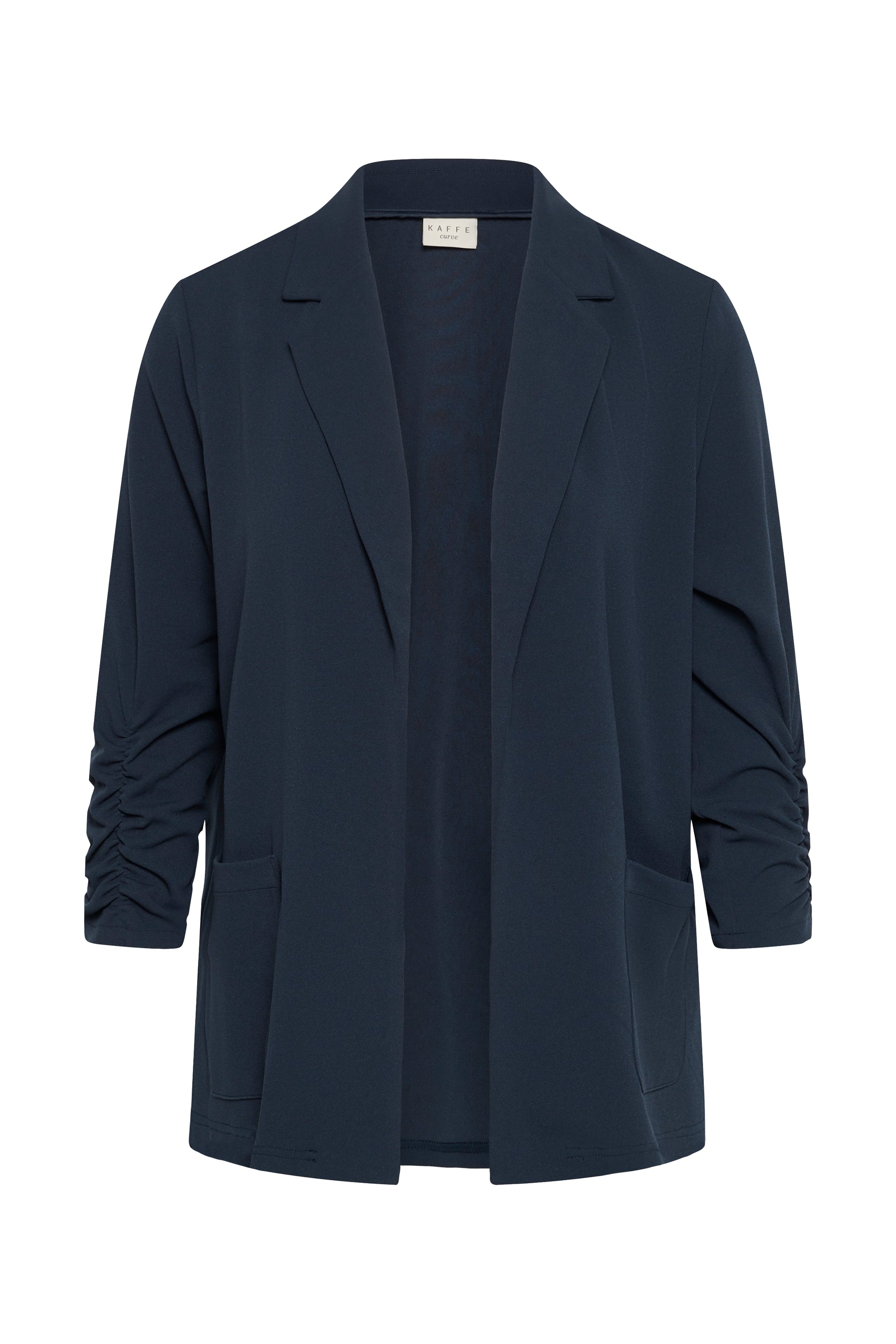 Kaffe Curve Pheolo Blazer in Navy, 3/4 ruched sleeves, open front with collar and lapels and front pockets